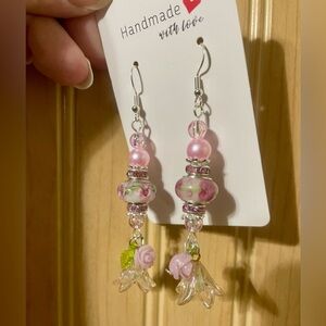 Handmade Pink Floral European Bead and Silver Earrings